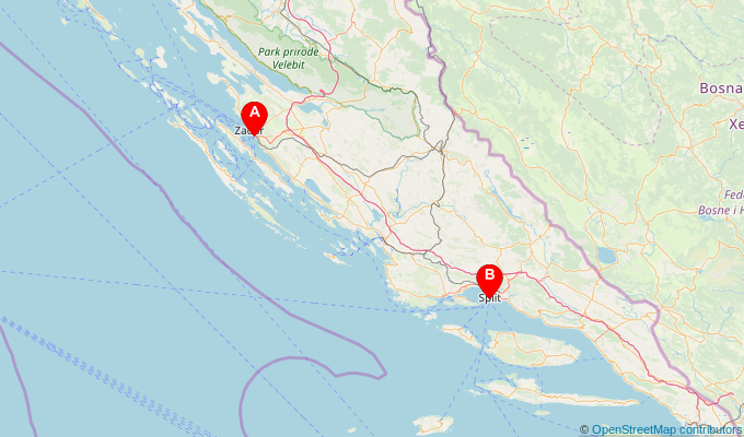 Map of ferry route between Zadar and Split